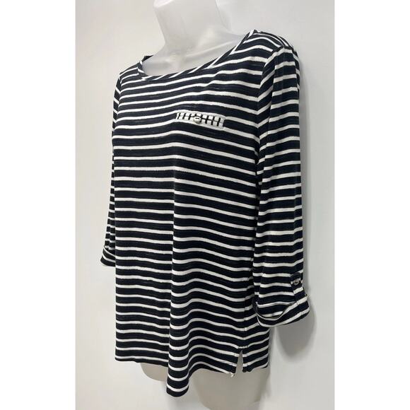 Croft & Barrow Black/White Striped Roll Tab Sleeve Pullover Top Blouse Size M - Picture 3 of 7